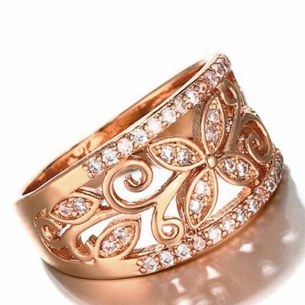 Rose Gold Flower Cubic Zirconia Ring Large Sizes - Picture 3 of 3